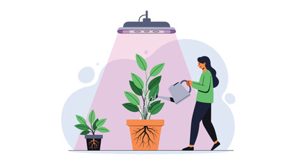 Modern illustration of a woman watering house plants under a purple grow light in an indoor gardening setup for plant growth and care.