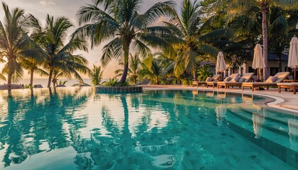 Fototapeta premium A luxurious resort swimming pool reflecting vibrant palm trees under a beautiful warm sky