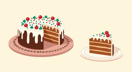 Delicious chocolate layered cake with white dripping icing and red berries served on a decorative round plate.