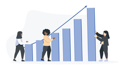 Fototapeta premium Three diverse businesswomen pushing and building a rising blue bar graph with an upward trend arrow on white background
