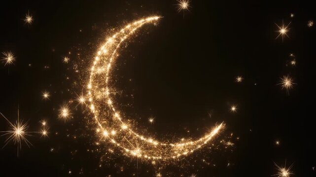Golden Sparkling Crescent in Night Sky.