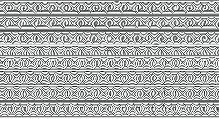 Abstract pattern background consisting of numerous small black line spirals arranged in horizontal rows for creative texture designs.