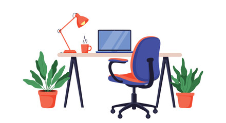 Modern home office workspace setup with a blue laptop, red desk lamp, steaming coffee mug, and green potted plants on a desk.