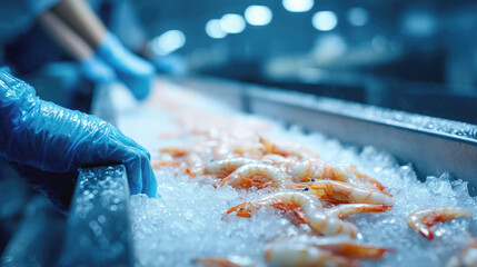 Fresh shrimp on ice being processed by workers in blue gloves at a seafood factory, with a cold, industrial atmosphere and shallow depth of field.