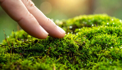 Fototapeta premium Macro of a Human Finger Gently Touching Vibrant Green Moss with Dew Drops in a Sunlit Forest, Concept of Connection with Nature and Environmental Protection.