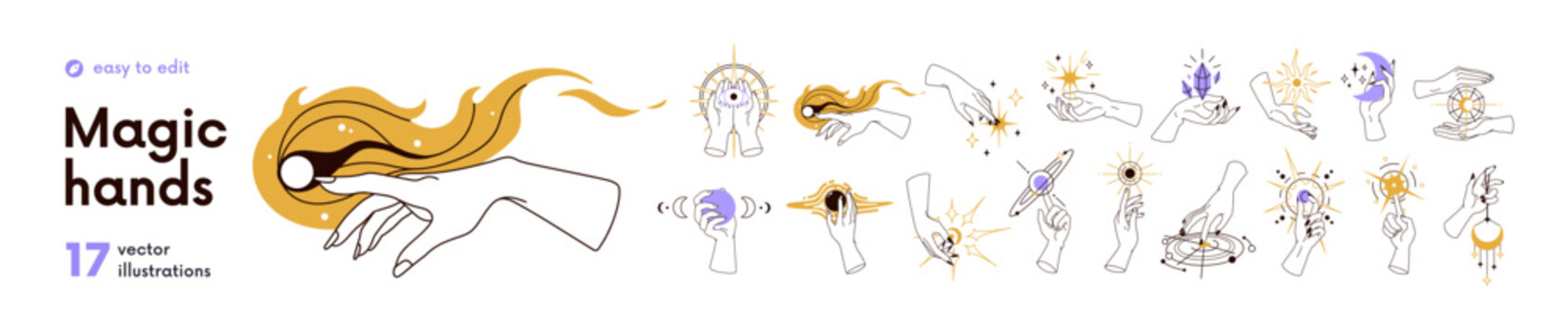 Astrology symbols in magic outline witch hands set. Holding mystic moon, star, sun, spiritual eye, sacred crystal. Mysterious esoteric occult logos. Hand-drawn vector illustrations on white background