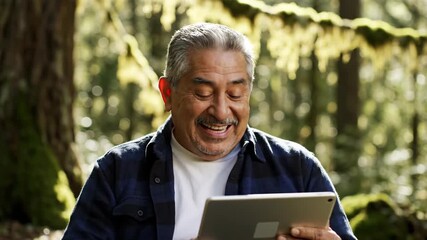 Elderly man joyfully engages with a digital tablet outdoors amidst sun-dappled forest foliage