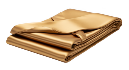 Folded golden satin fabric with soft folds and highlights on black background textile