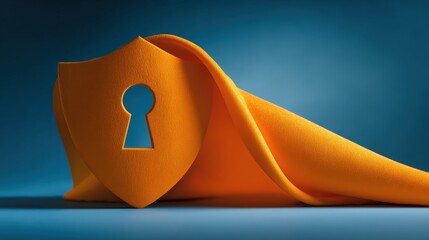 An orange shield with a keyhole design draped in soft fabric, symbolizing security and protection
