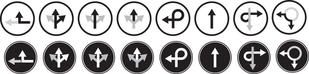 Obraz premium Navigation road arrows set with turning, straight and crossroad directions on Transparent background. turning, straight, and location point marks for driving route. Road navigation arrows. Traffic rou