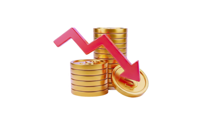 Financial Decline: Stacks of Gold Coins with a Red Downward Arrow