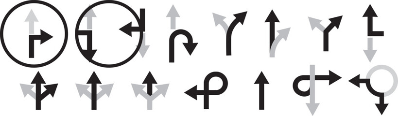 Navigation road arrows set with turning, straight and crossroad directions on Transparent background. turning, straight, and location point marks for driving route. Road navigation arrows. Traffic rou