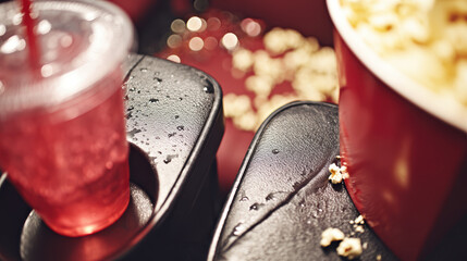 Wet cinema cupholder with spilled popcorn and soda on leather seat, cozy movie night mess and warm bokeh light