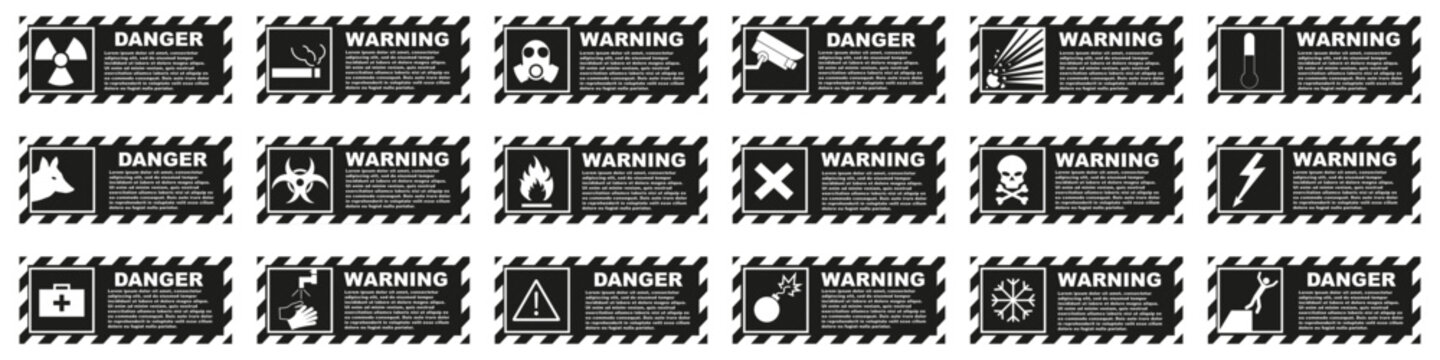 Industrial hazard labels with warning frames and danger icons. Safety signage for factories and technical zones