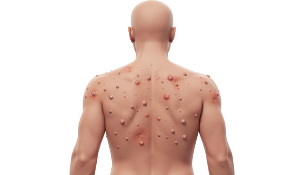 Rear view of a genderneutral silhouette with papules scattered across the upper back emphasizing dermatological patterns in a clinical context.