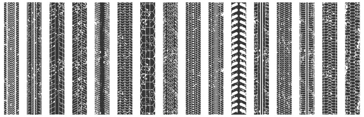Grunge tire track textures with different tread patterns. Distressed vehicle traces for racing and automotive backgrounds