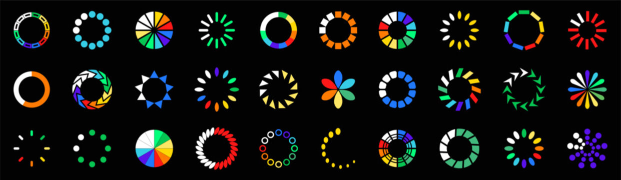 Colorful loading spinners and progress indicators set. Circular preload graphics for user interface systems