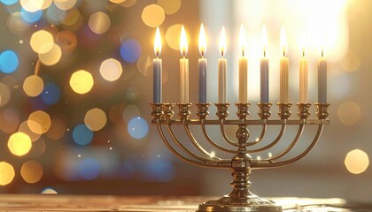 A beautifully lit Hanukkah menorah glows with its twelve candles, creating a warm and festive atmosphere against a blurred background of bokeh lights. High quality