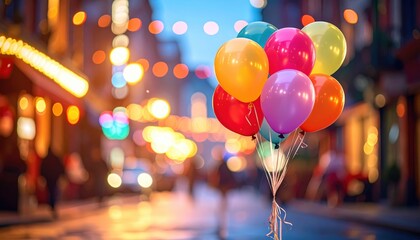 A bunch of colorful balloons on a city street with blurred lights and bokeh effect for birthday party or festive events background. High quality