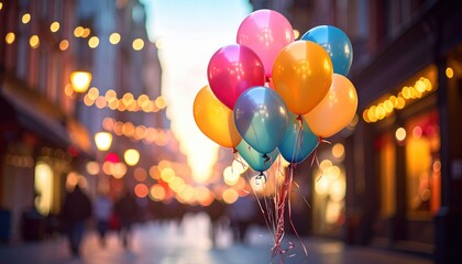 A bunch of colorful balloons on a city street with blurred lights and bokeh effect for birthday party or festive events background. High quality.