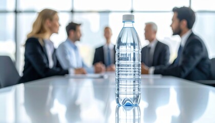 A close-up of a water bottle on a conference table, with blurred professionals discussing in the background, showcasing corporate environment. High quality.