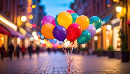 A bunch of colorful balloons on a city street with blurred lights and bokeh effect for birthday party or festive events background. High quality.