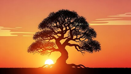 Silhouette of a lone tree against a vibrant sunset landscape