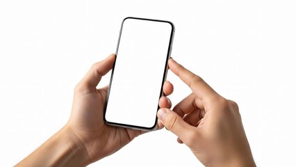 Hands Holding a Smartphone with Blank Screen on White Background