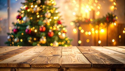 A rustic wooden table in the foreground with a blurred, glowing christmas tree and bokeh lights in the background. High quality