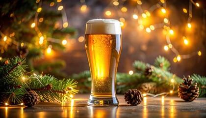 A single beer glass surrounded by glowing fairy lights creating a cozy festive atmosphere with a warm winter themed background of pine branches and cones. High quality.