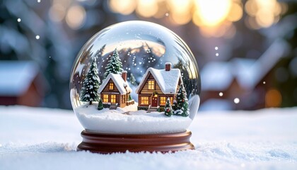 A snow globe showing a snowy scene of winter houses inside it. High quality