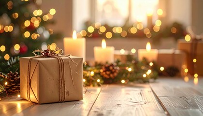 A table adorned with festive garland showcases photo wrapped boxes with gifts while in the background lit candles create a warm and cozy atmosphere. Copy space image. Place for adding text and design