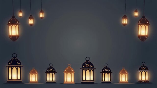 Soft hanging lanterns in dim night scene.