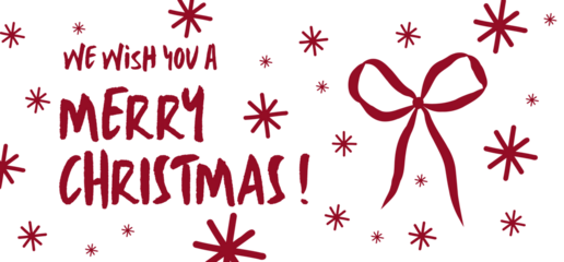 Festive christmas graphic with red lettering bow and stars on transparent background