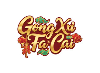 Gong xi fa cai celebration design with ornate lettering and festive elements