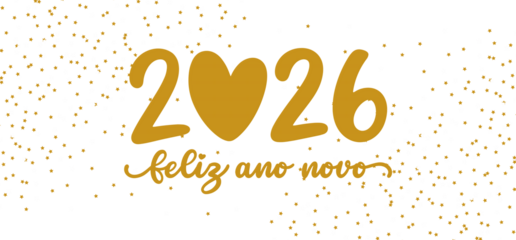 Golden 2026 typography with a heart feliz ano novo text on transparent background