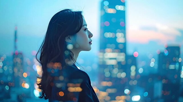 都市の光と共に描かれるビジネス女性の内面を表した幻想的グラフィック