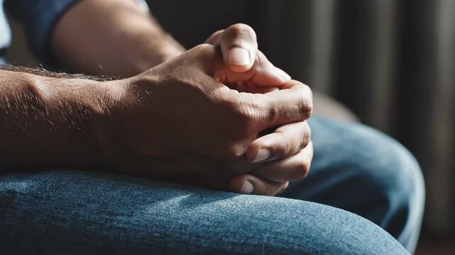 Soft light casts delicate shadows on the hands resting peacefully, embodying a moment of quiet contemplation. This evocative scene invites viewers to explore a deeper sense of tranquility.