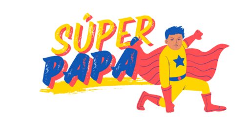 Colorful superhero papa text with a cartoon boy in a cape on transparent background