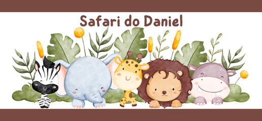 Fototapeta premium watercolor safari animals with lush foliage and lettering perfect for baby designs on transparent background