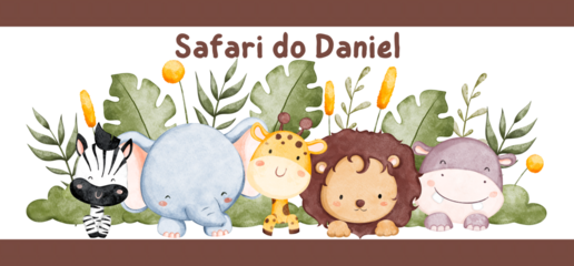 watercolor safari animals with lush foliage and lettering perfect for baby designs on transparent background