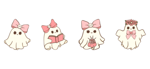 Four adorable little ghosts with bows and flowers engaging in cute activities on transparent background