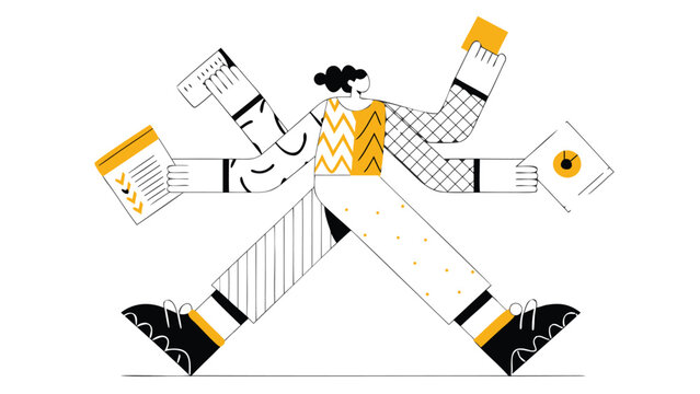 Modern flat illustration of woman multitasking at work with multiple tasks and documents