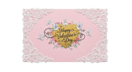Pink Valentine's Day card with white lace trim gold heart and flying doves image