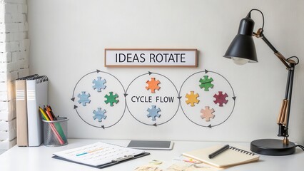 Puzzle pieces in concentric circles showing cycle flow and rotating ideas