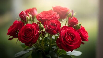 Vibrant Bouquet of Red Roses in Full Bloom Nature Background Decorative Arrangement