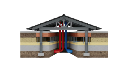 Cross-section of geothermal heat pump system with insulated foundation