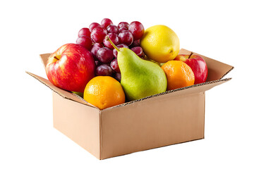 A box filled with fresh colorful fruits like apples pears grapes and oranges