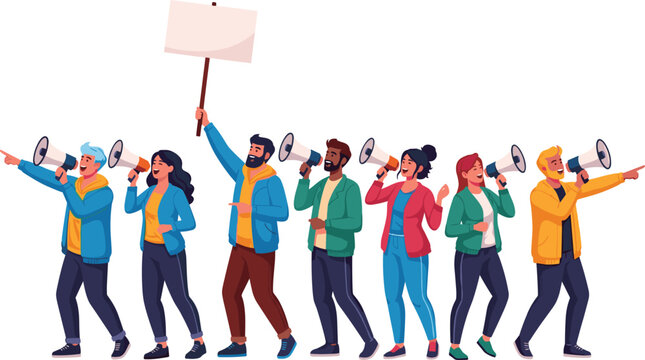 Protest illustration, group demonstration, people with megaphones, activism artwork, social movement, collective action, advocacy concept, public voice, community engagement