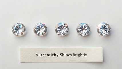 Three perfectly aligned small luminous crystals with facets reflecting light on a bright white surface.